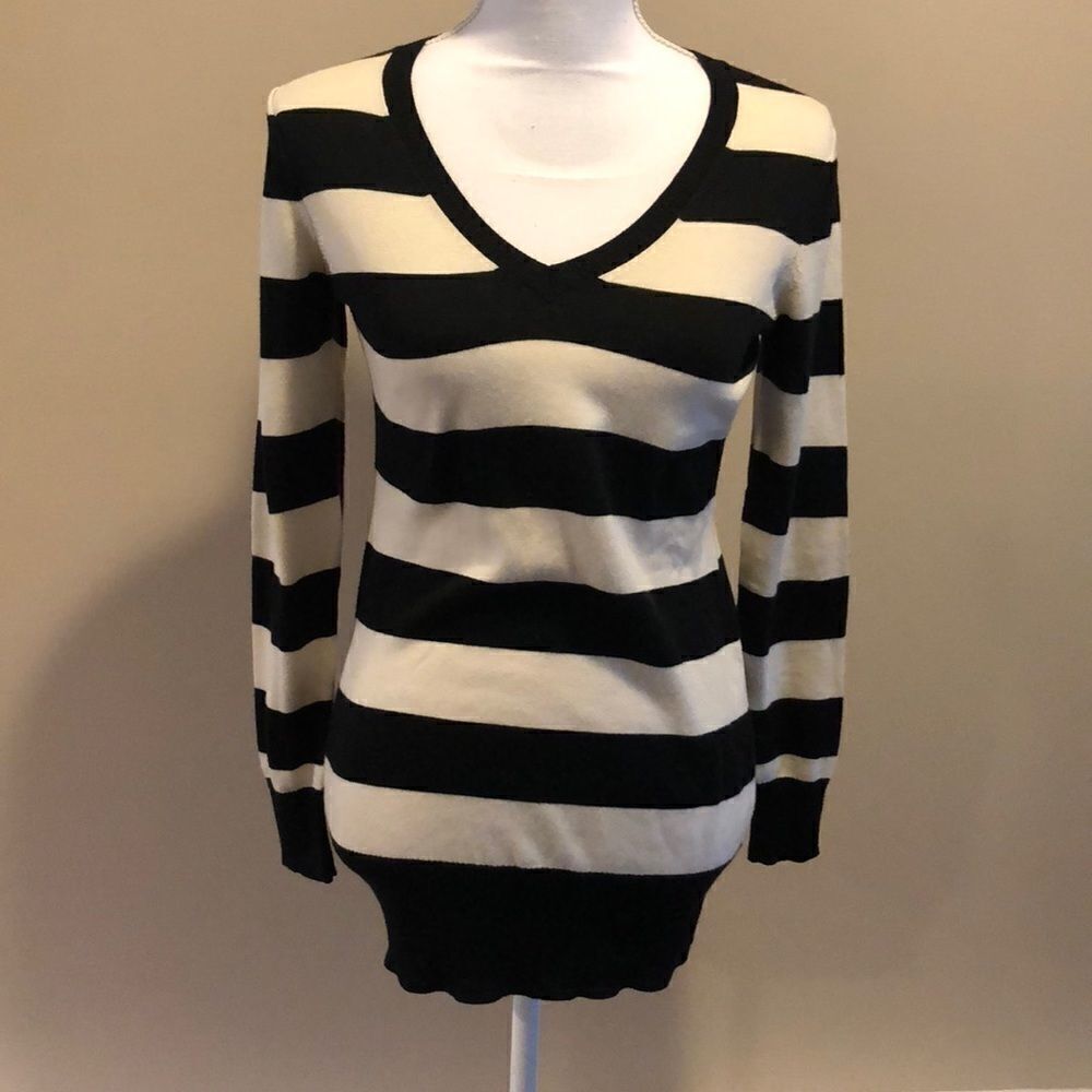 Milly Cream & Black Striped V Neck Sweater